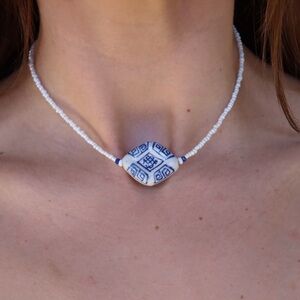 Blue & White Porcelain Bead Choker Necklace